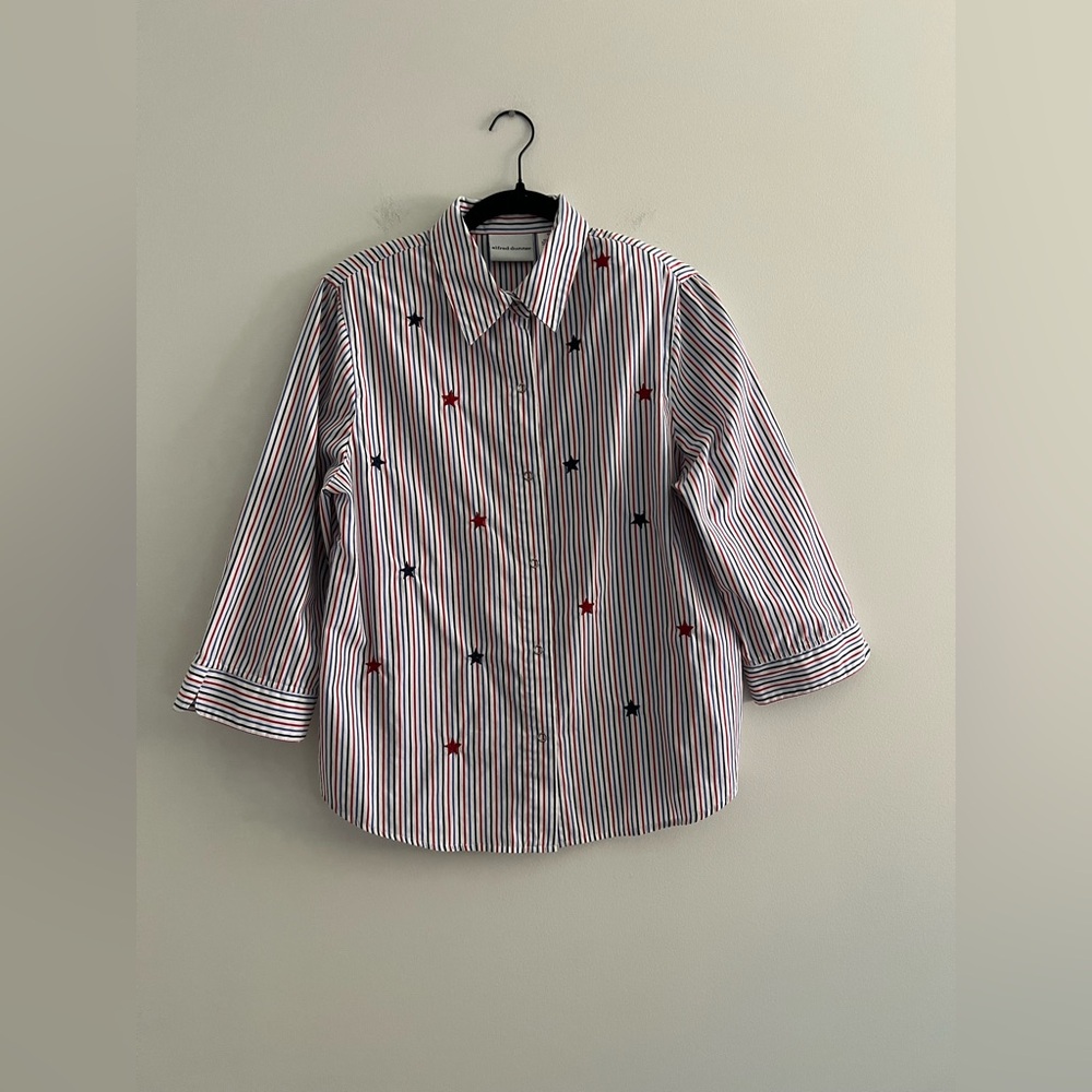 Alfred Dunner Red White Blue Striped Button-Down Shirt with Star Embroidery